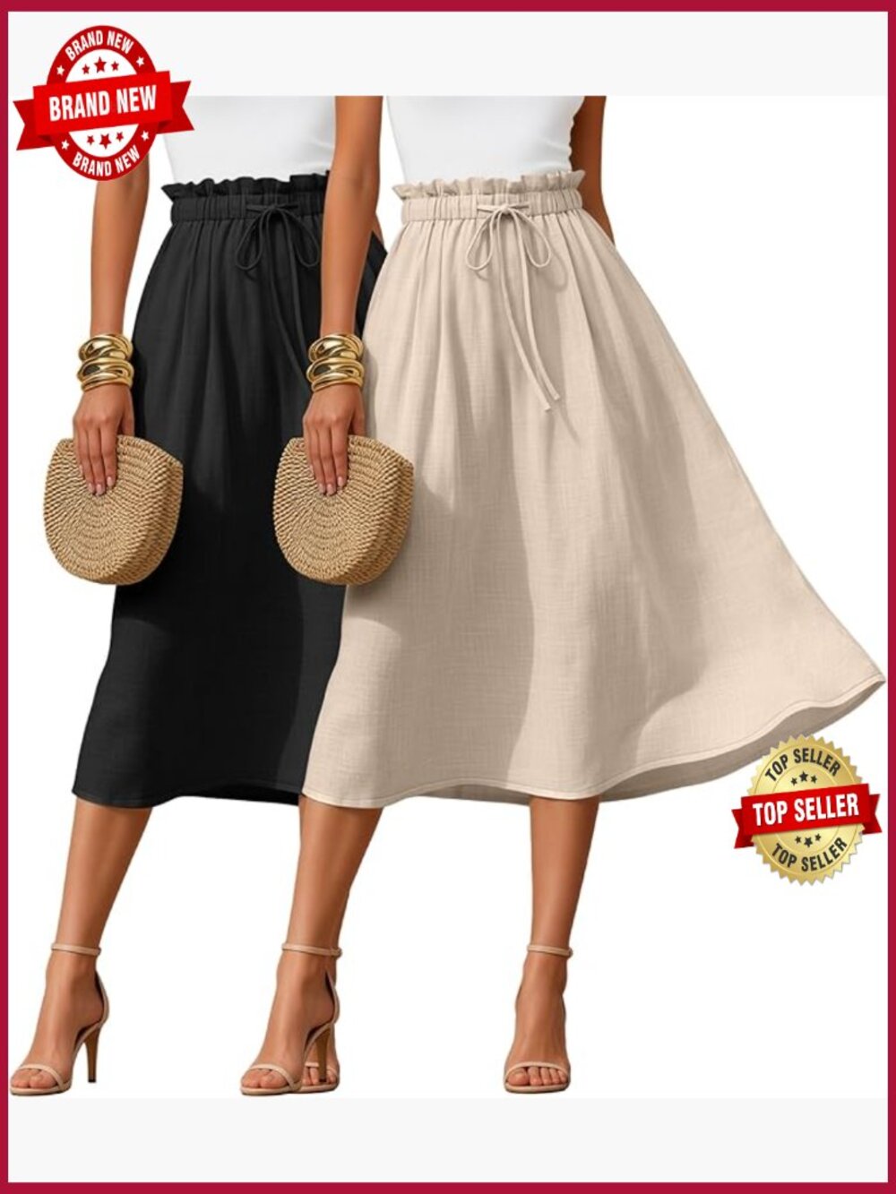 Linen Midi Skirt 2-Pack High Waisted A-Line Casual Flowy with Pockets